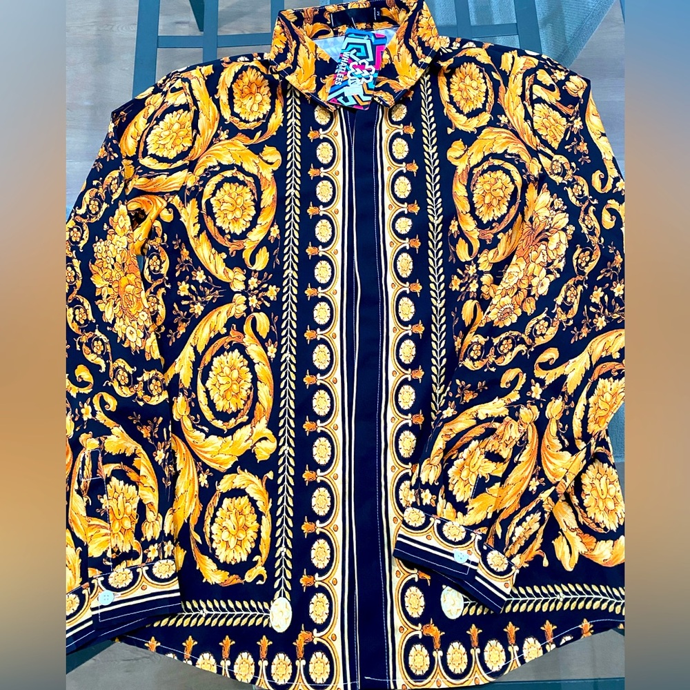 Black & Gold Patterned Royal Button Down Long Sleeve Shirt